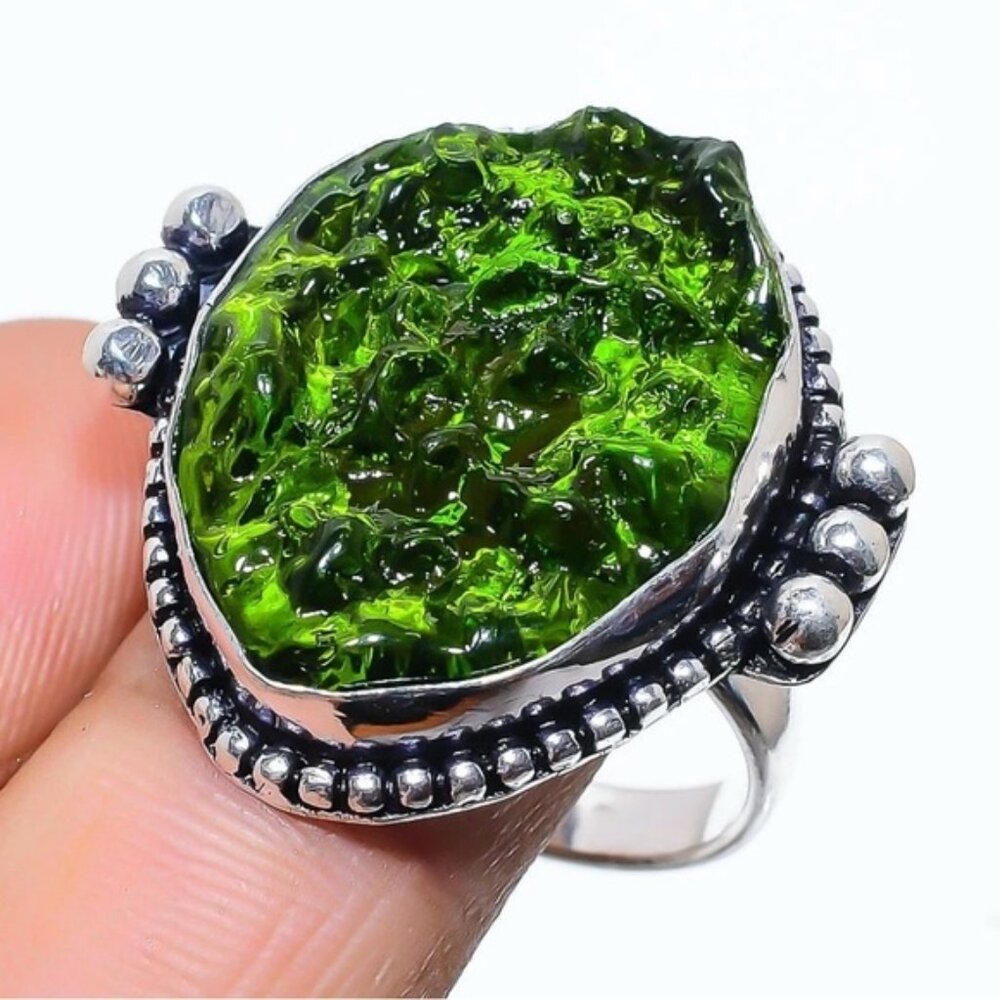 Size 10 Moldavite Quartz 925 Sterling Silver Overlay Gemstone ring